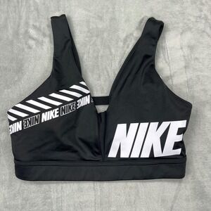 Nike Sports Bra Medium Black White Logo V Neck Athletic Workout SP190610LMB